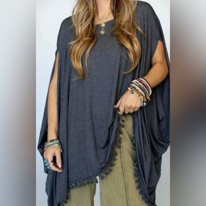 Three Bird Nest Charcoal Poncho with Tassels